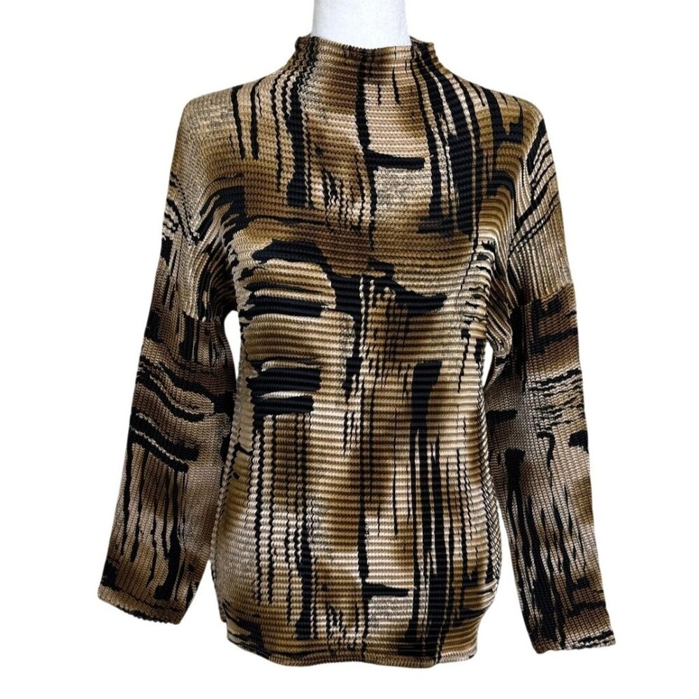 Pleated Top High-Neck Long-Sleeve Brown Black Stretch Womens Sze M